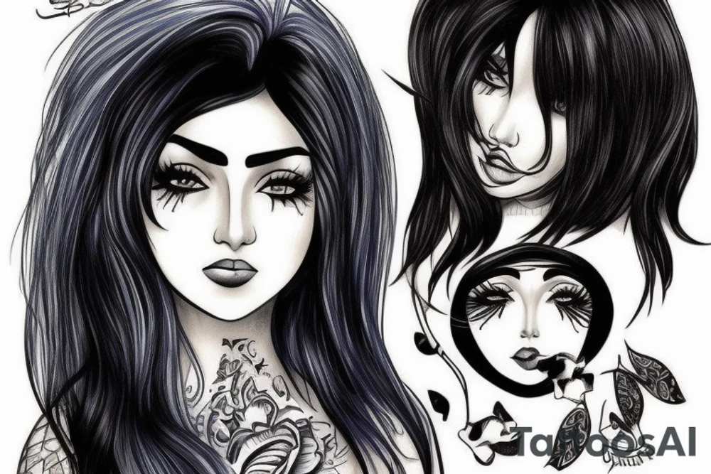 a beautiful lady with blue and black hair big brown eyes small nose and beautiful face tattoo idea