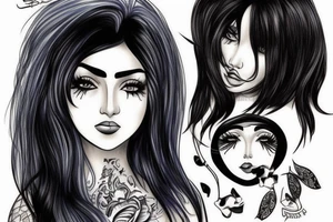 a beautiful lady with blue and black hair big brown eyes small nose and beautiful face tattoo idea