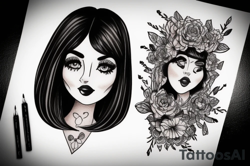 a beautiful lady with blue and black hair big brown eyes small nose and beautiful face tattoo idea