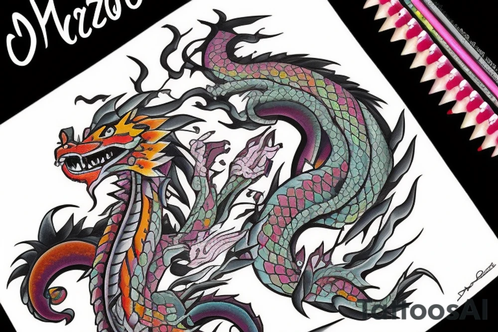A color dragon with name is BEHNAZ tattoo idea