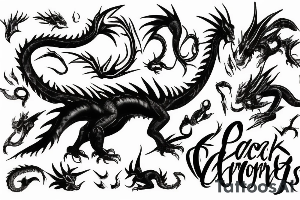 Black dragon with cheese words tattoo idea