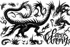 Black dragon with cheese words tattoo idea