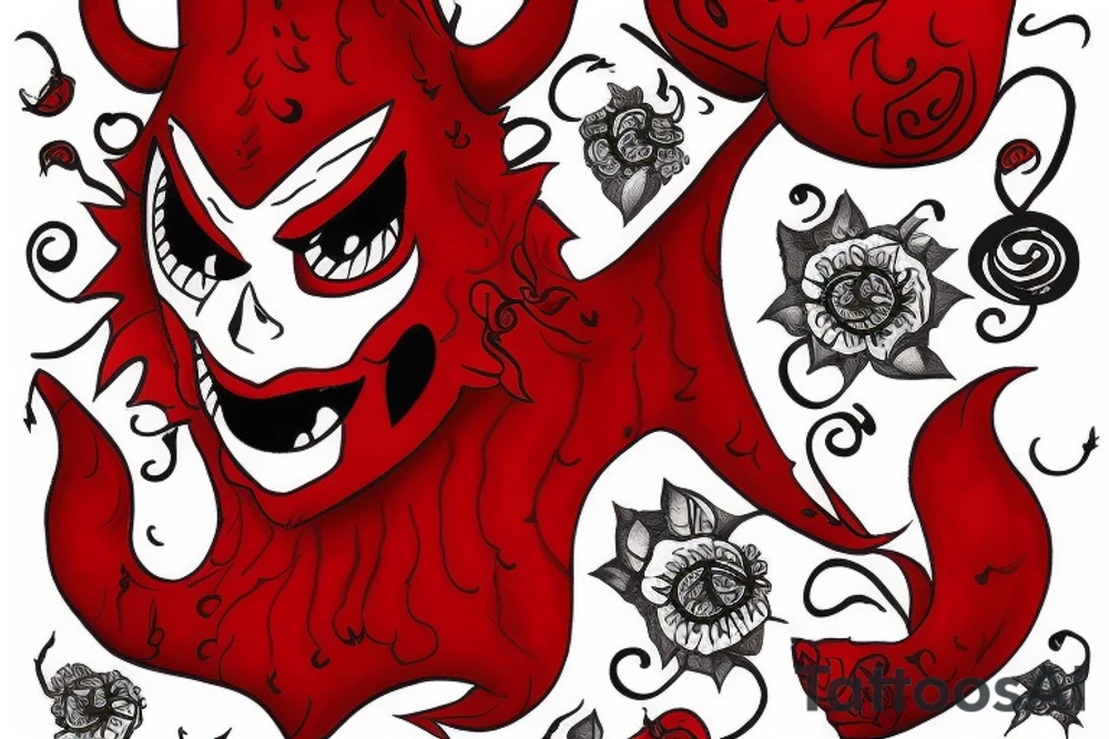 A red devil including name is BEHNAZ tattoo idea