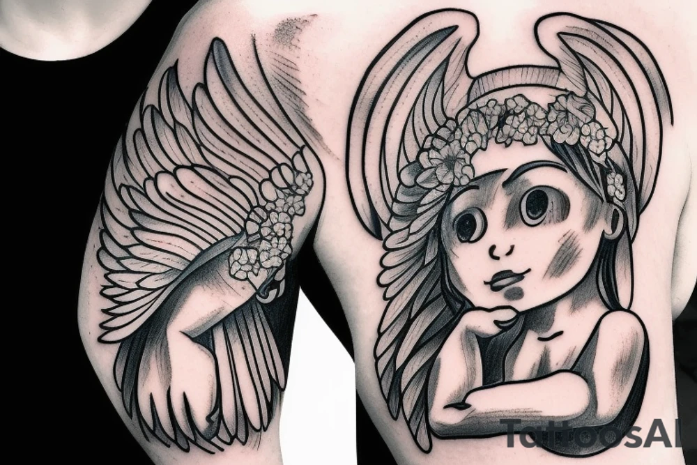 strong angel with muscles with a bird on his hand tattoo idea