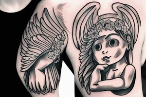 strong angel with muscles with a bird on his hand tattoo idea