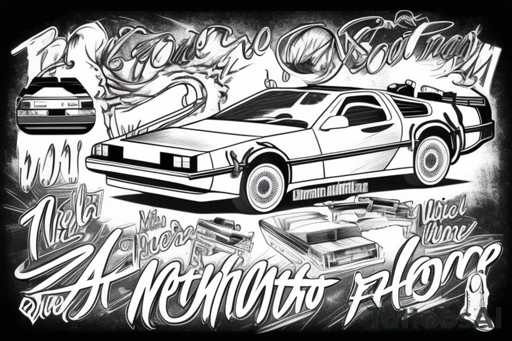 Delorean Name with 80's model like Mitcher murder music producer font tattoo idea