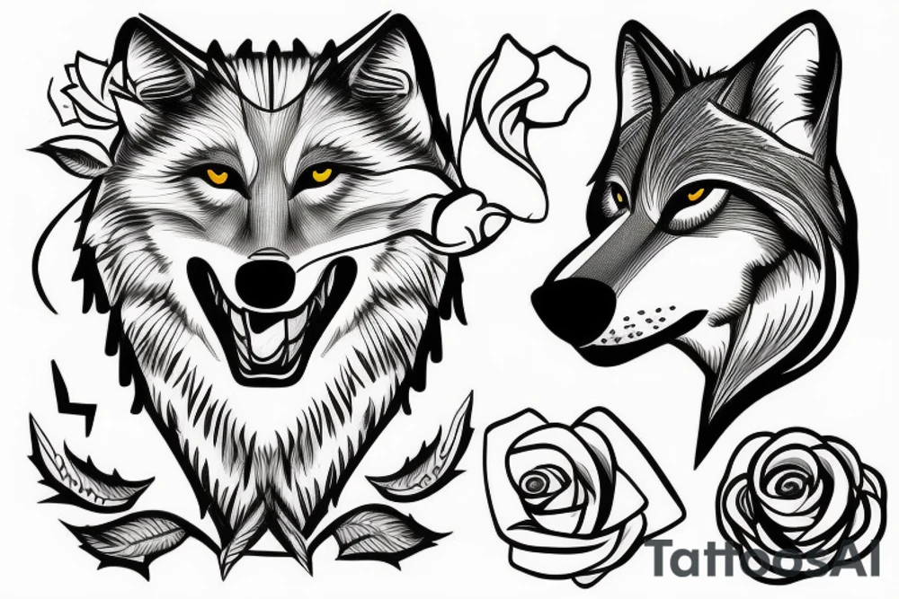 A wolf with a rose in his mouth tattoo idea