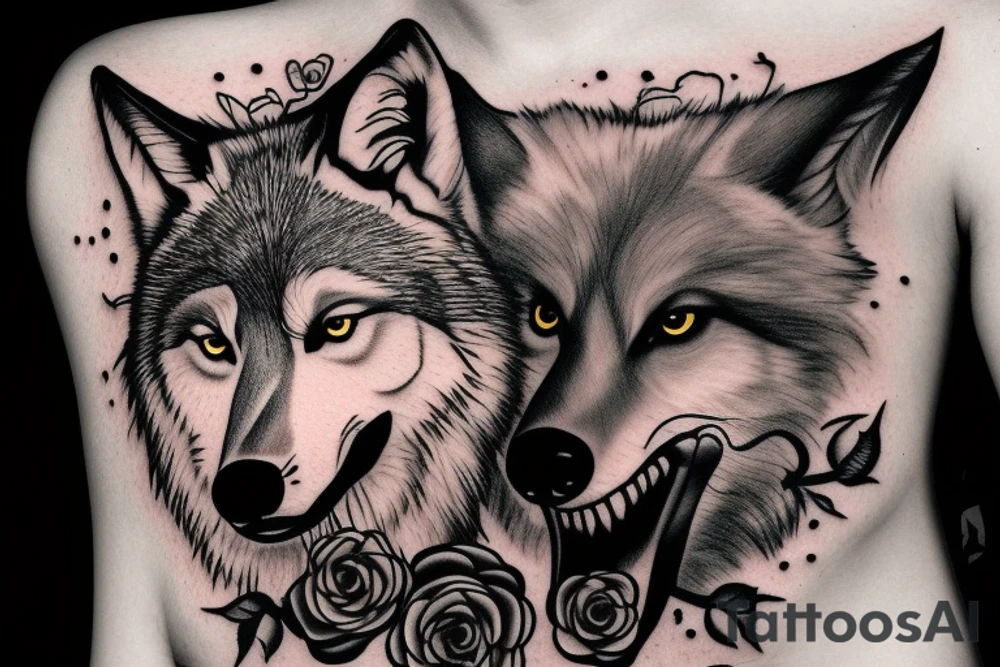 A wolf with a rose in his mouth tattoo idea