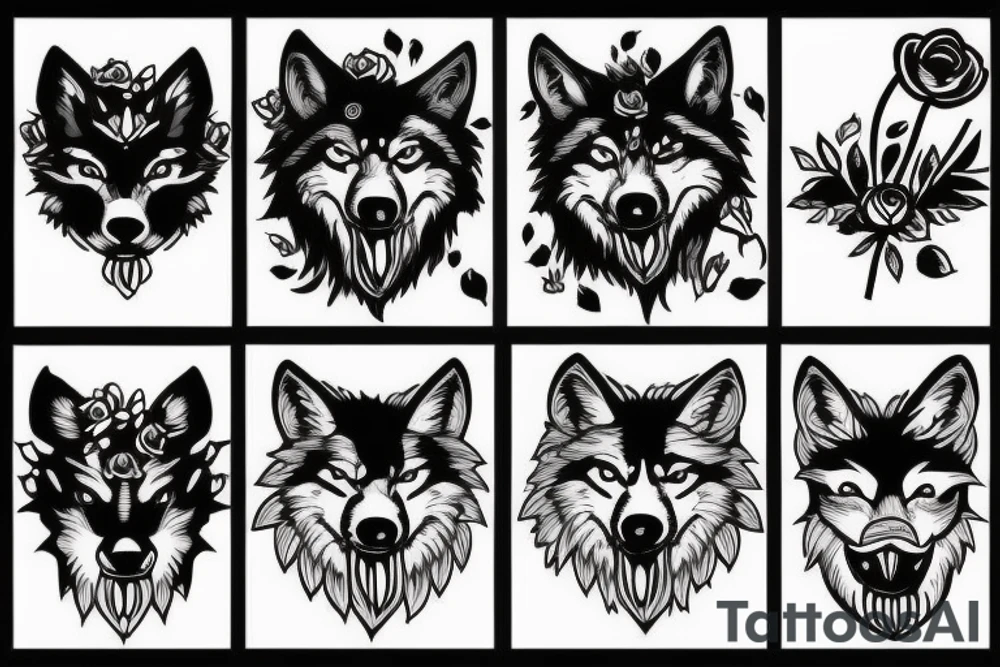 A wolf with a rose in mouth tattoo idea