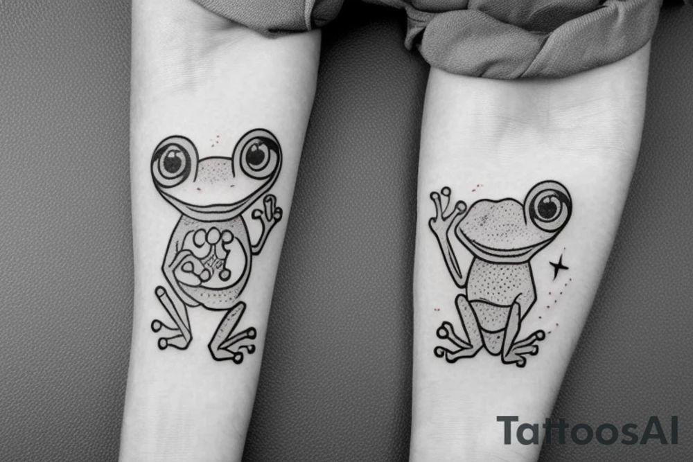 A cute frog sticking out his head and hand out of an edge tattoo idea