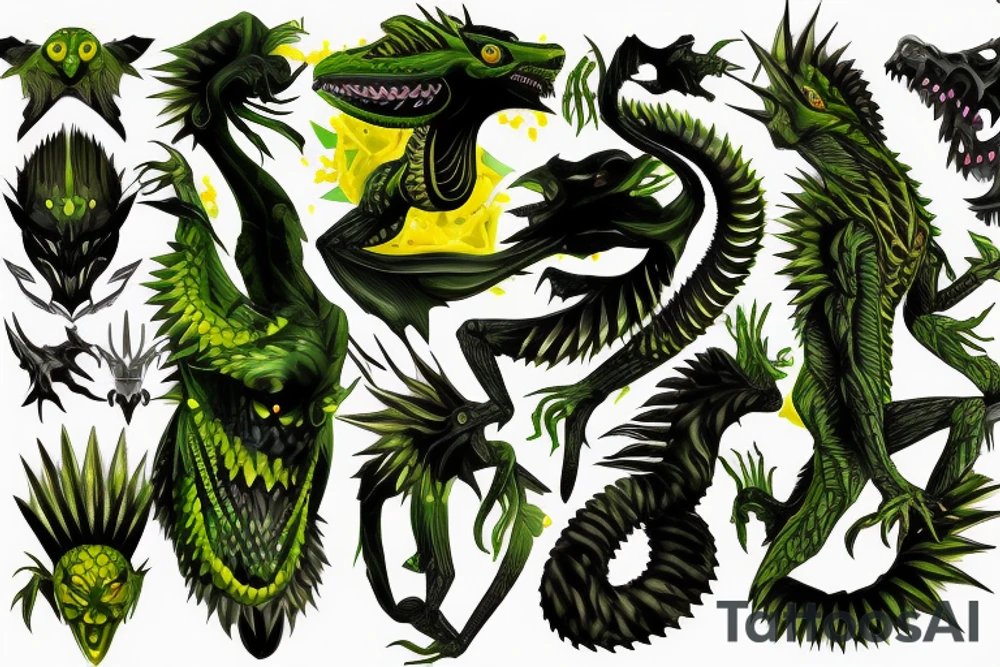 Green varan with yellow eyes and spikes over the body tattoo idea
