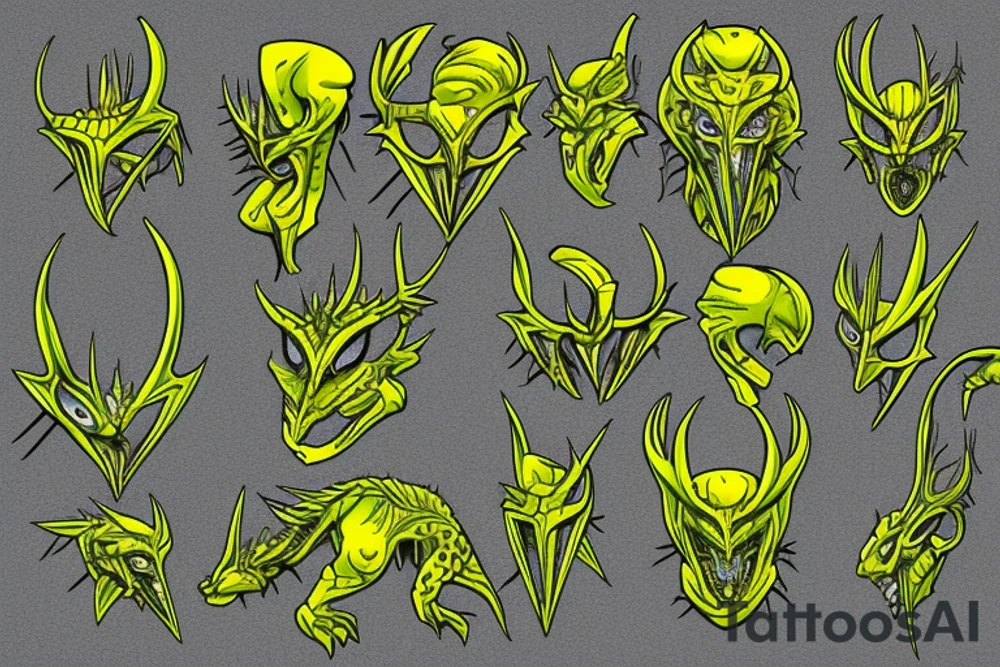 Green varan with yellow eyes and spikes over the body tattoo idea