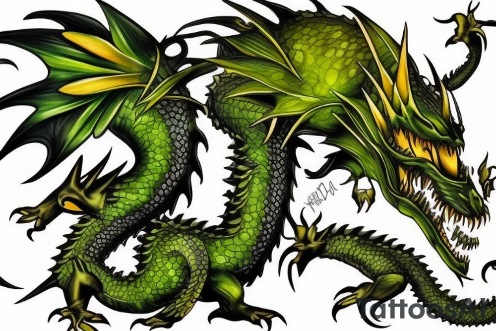 Green dragon with yellow spikes tattoo idea