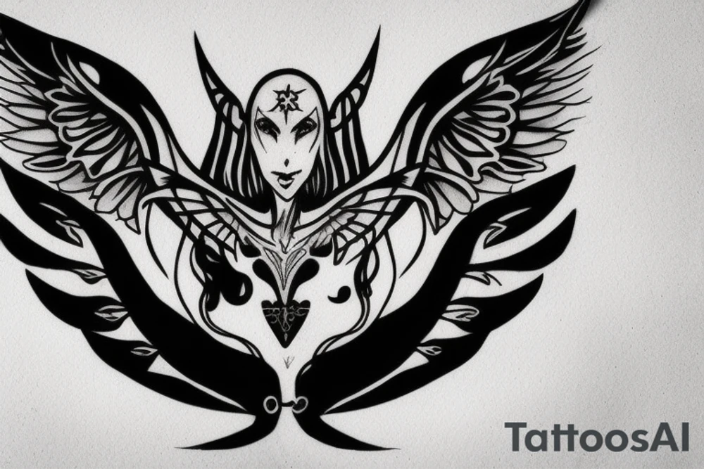 Vampire with wings and moon sign on head tattoo idea