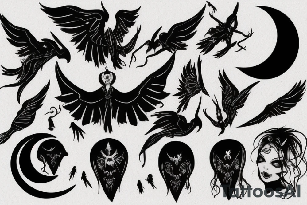 Vampire with wings and moon sign on head tattoo idea
