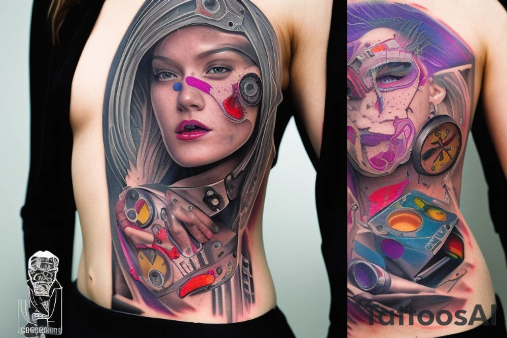 "In a world of cyberpunk, the future is yours to control. Let your skin be a canvas to display your unique style and identity. Create a beautiful, detailed tattoo that speaks to the world of your past, present, and future. Use the power of technology to craft a one-of-a-kind design that will last for years to come." tattoo idea