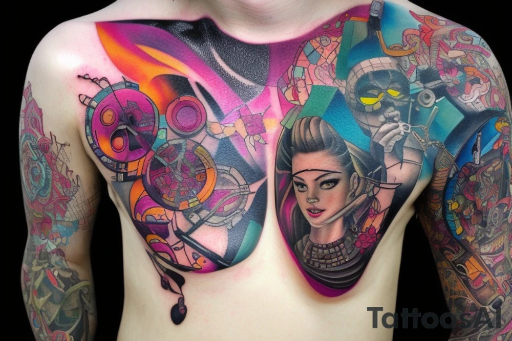 "In a world of cyberpunk, the future is yours to control. Let your skin be a canvas to display your unique style and identity. Create a beautiful, detailed tattoo that speaks to the world of your past, present, and future. Use the power of technology to craft a one-of-a-kind design that will last for years to come." tattoo idea