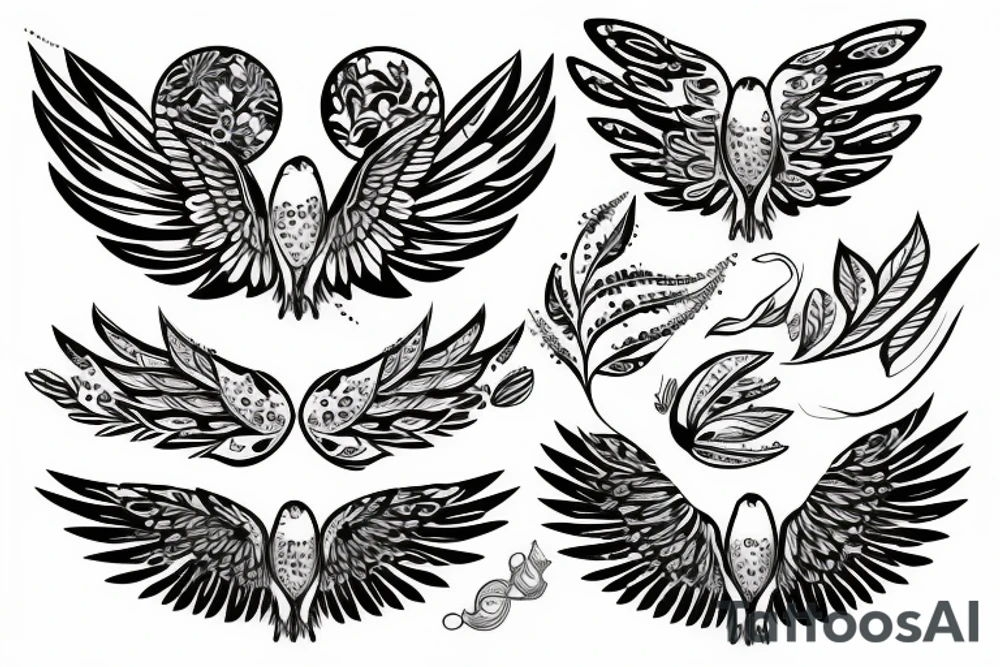 bird with wide opened wings with leaves and sparkling tattoo idea