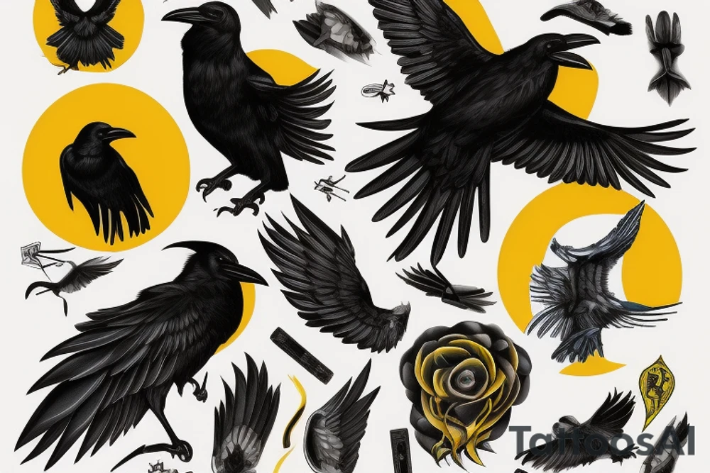 A black crow whose wings have blue and yellow flames and looks up tattoo idea