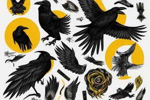 A black crow whose wings have blue and yellow flames and looks up tattoo idea