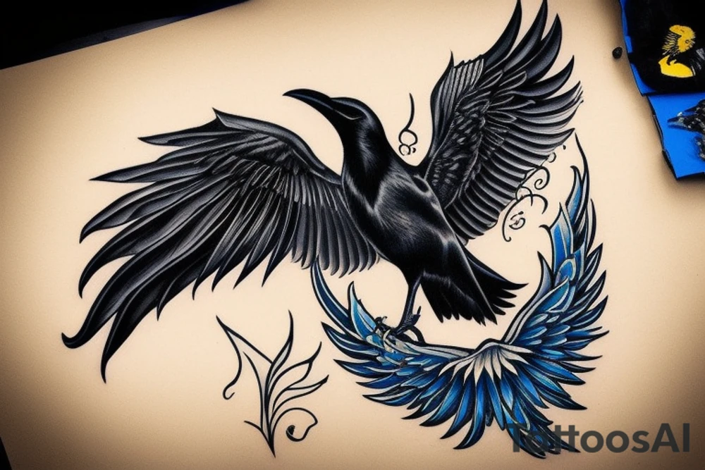 A black crow whose wings have blue and yellow flames and looks up tattoo idea