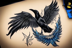 A black crow whose wings have blue and yellow flames and looks up tattoo idea
