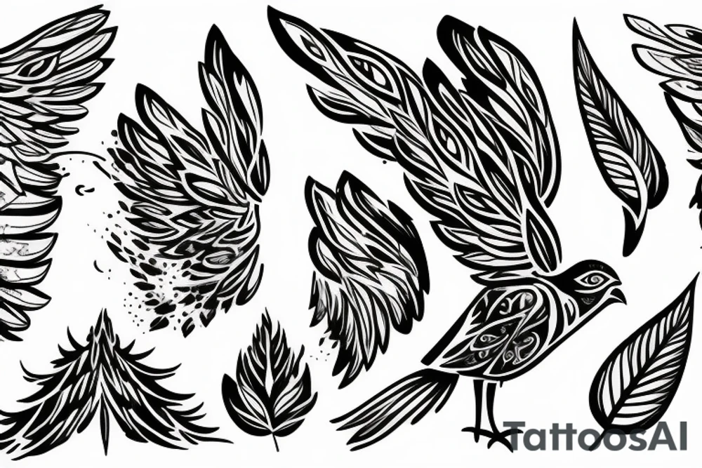 bird with wide opened wings with leaves and sparkling tattoo idea