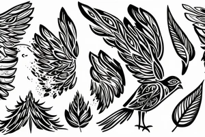 bird with wide opened wings with leaves and sparkling tattoo idea