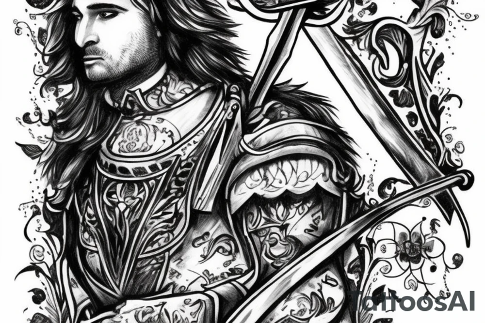 A chevalier with a sword in hand and a wolf in background tattoo idea
