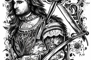 A chevalier with a sword in hand and a wolf in background tattoo idea