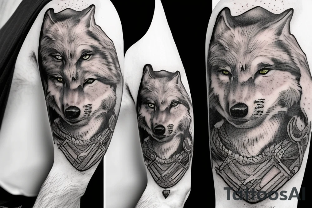 A chevalier with a sword in hand and a wolf in background tattoo idea