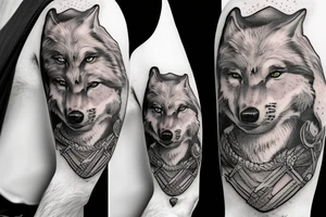 A chevalier with a sword in hand and a wolf in background tattoo idea