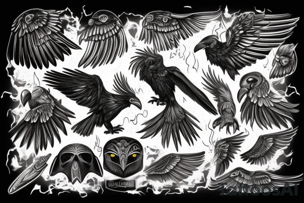 A black raven with a highly detailed Roman helmet and raised wings, with sparks of fire falling from its wings, and a human hand in the crow's mouth. tattoo idea