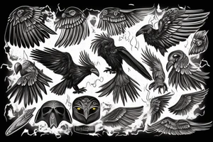 A black raven with a highly detailed Roman helmet and raised wings, with sparks of fire falling from its wings, and a human hand in the crow's mouth. tattoo idea