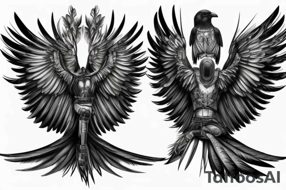 A black raven with a highly detailed Roman helmet and raised wings, with sparks of fire falling from its wings, and a human hand in the crow's mouth. tattoo idea