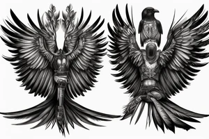 A black raven with a highly detailed Roman helmet and raised wings, with sparks of fire falling from its wings, and a human hand in the crow's mouth. tattoo idea