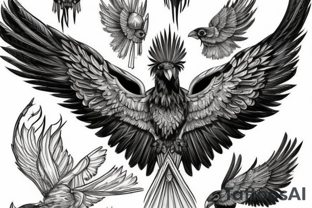 A black raven with a highly detailed Roman helmet and raised wings, with sparks of fire falling from its wings. tattoo idea