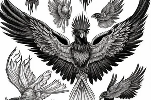 A black raven with a highly detailed Roman helmet and raised wings, with sparks of fire falling from its wings. tattoo idea