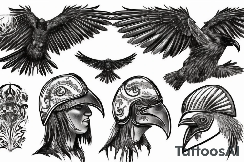 A black raven with a highly detailed Roman helmet and raised wings, with sparks of fire falling from its wings. tattoo idea
