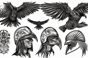 A black raven with a highly detailed Roman helmet and raised wings, with sparks of fire falling from its wings. tattoo idea