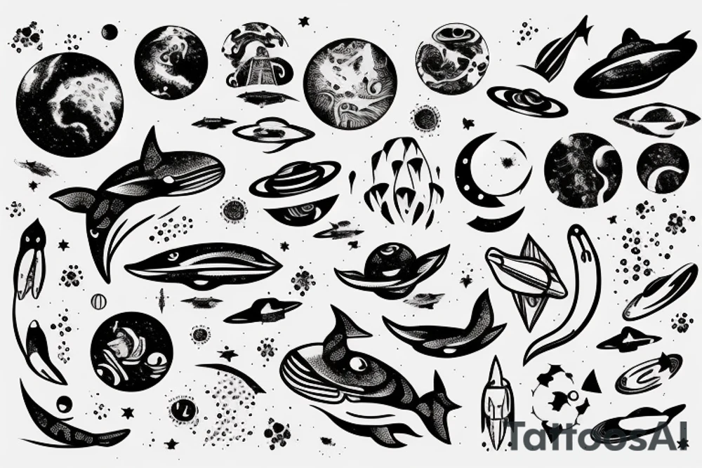 Universe, Space, Whale, UFO for hand tattoo idea