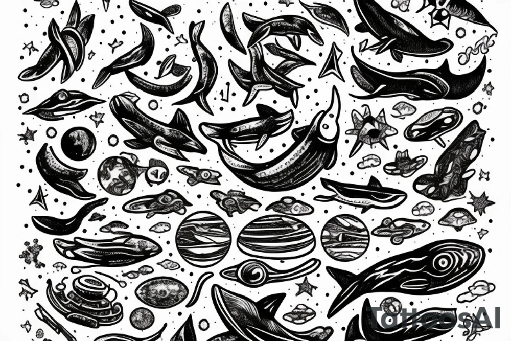 Universe, Space, Whale, UFO for hand tattoo idea