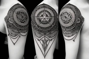 Shiv tattoo with shiv mantra and geometric design in whole arm tattoo idea