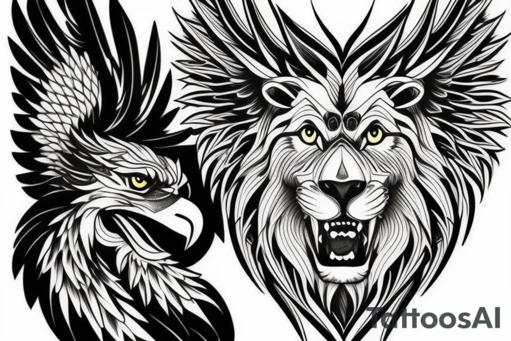 Combination of lion and eagle and eagle and wolf tattoo idea
