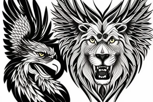 Combination of lion and eagle and eagle and wolf tattoo idea