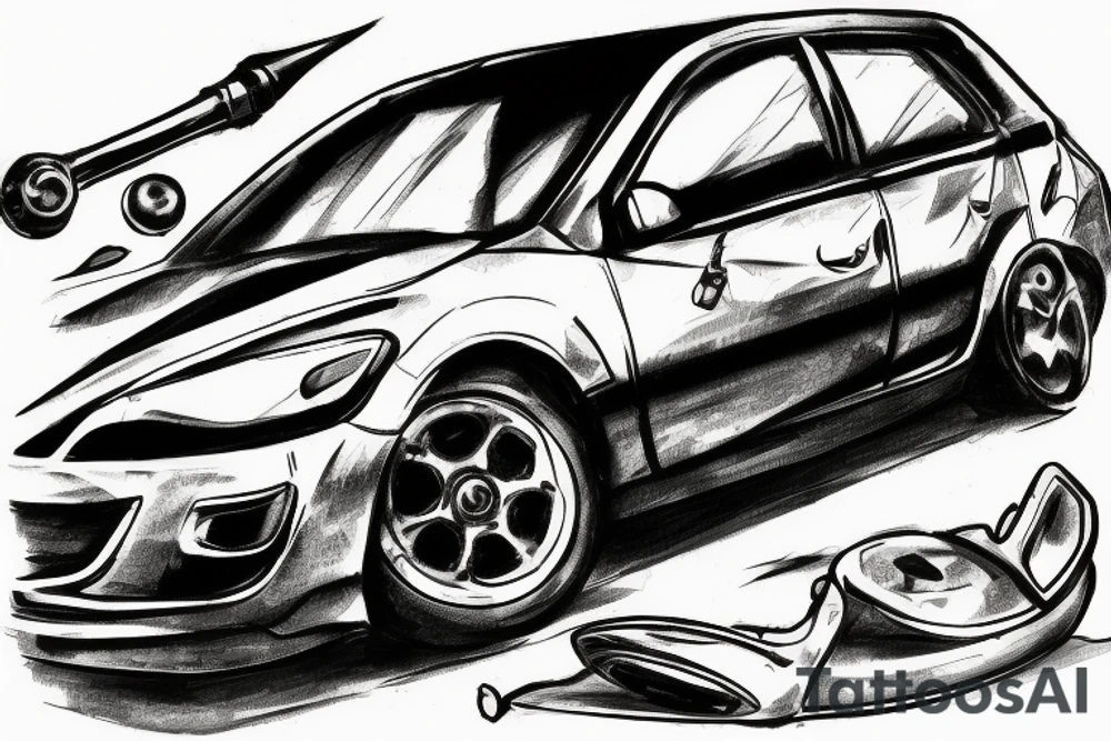 broken Mazda 3 on the background of the speedometer tattoo idea