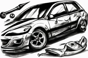 broken Mazda 3 on the background of the speedometer tattoo idea