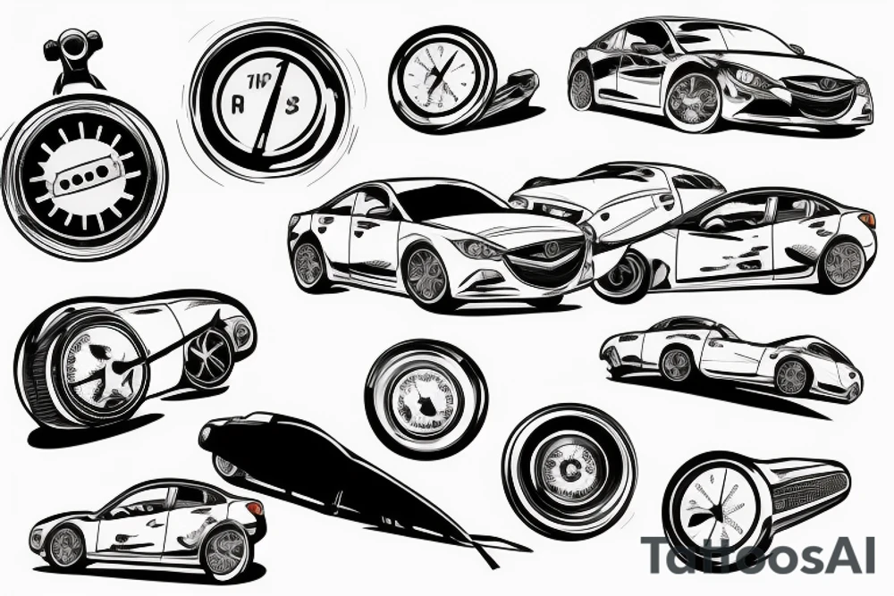broken Mazda 3 on the background of a large speedometer tattoo idea