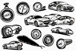 broken Mazda 3 on the background of a large speedometer tattoo idea