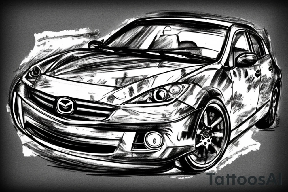broken Mazda 3 on the background of a large speedometer tattoo idea
